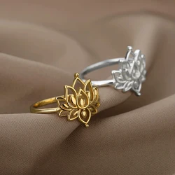 Lotus Flower Rings For Women Stainless Steel Gold Color Hollow Out Ring Fashion Wedding Party Aesthetic Jewelry Gift anillos