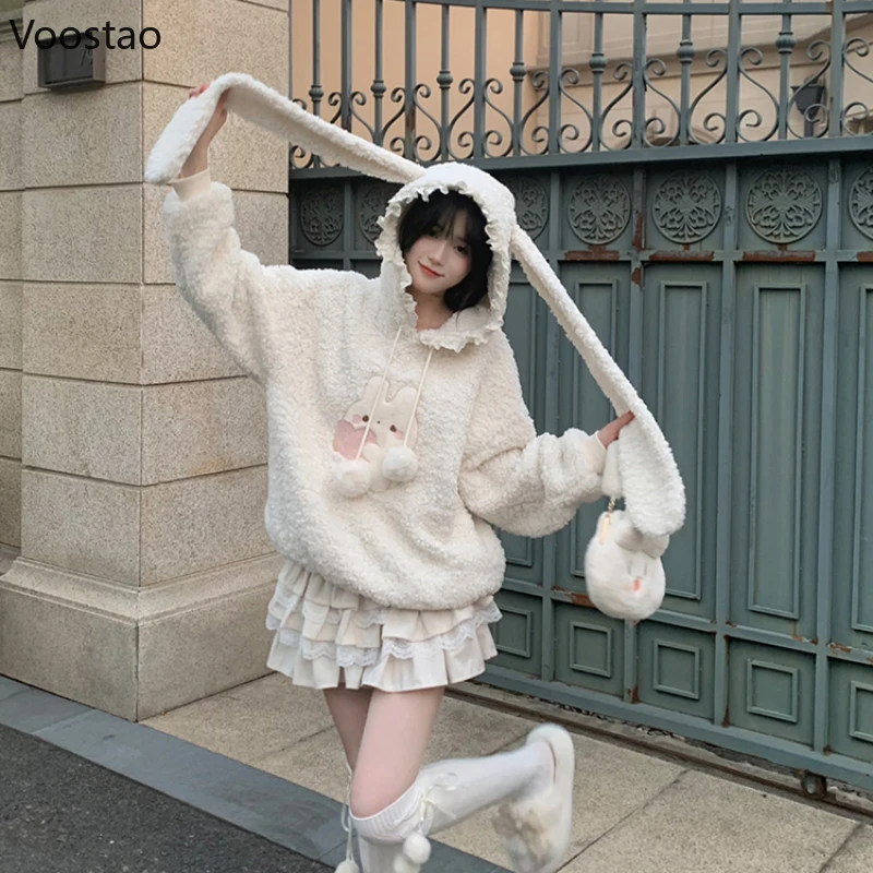 Korean Fashion Rabbit Ears Hooded Coats Women Cute Bunny Embroidery Oversize Lambswool Sweatshirts Sweet Female Warm Hoodies