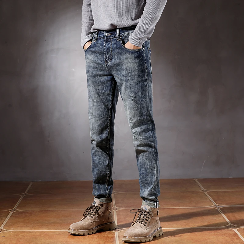 High quality men's jeans new slim fit straight leg scraped and washed elastic men's pants skinny jeans men  ripped jeans