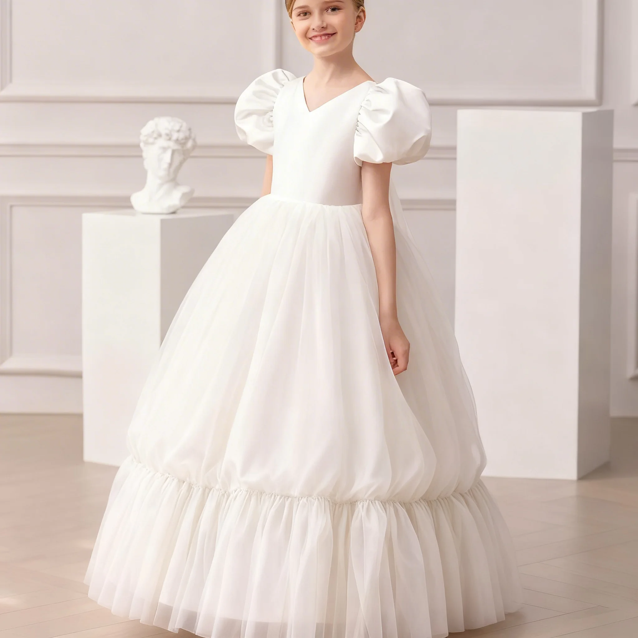 Customized Ivory Flower Girl Dress with V-Neck ShortSleevesPuffySkirtSimplePrincessGown forWeddingFirstCommunion Bridesmaid Prom