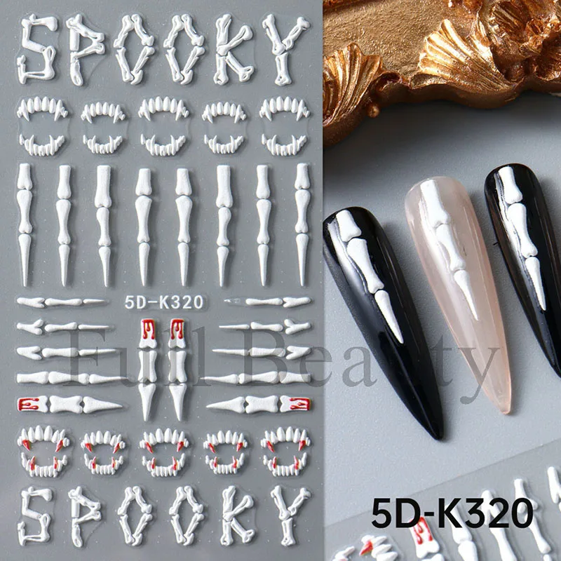 1Pcs Halloween Hand Bones Nail Art Funny Pumpkin Ghost Skull Relief Three-Dimensional Nail Stickers With Cardboard Packaging