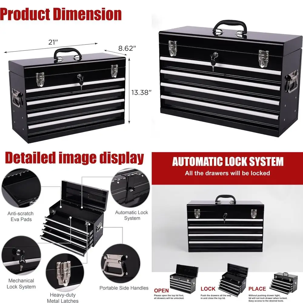 

4-Drawer Steel Tool Chest with Metal Lock, 21 Storage Cabinet Organizer for Home and Auto Repair