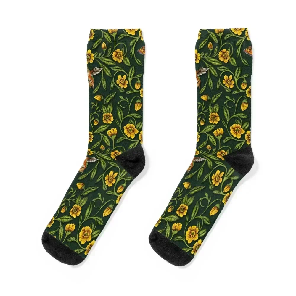 Humminbirds, Schmetterlinge und gelbe Blumen auf dunkelgrünen Socken, luxuriöse Wandersocken für Herren und Damen