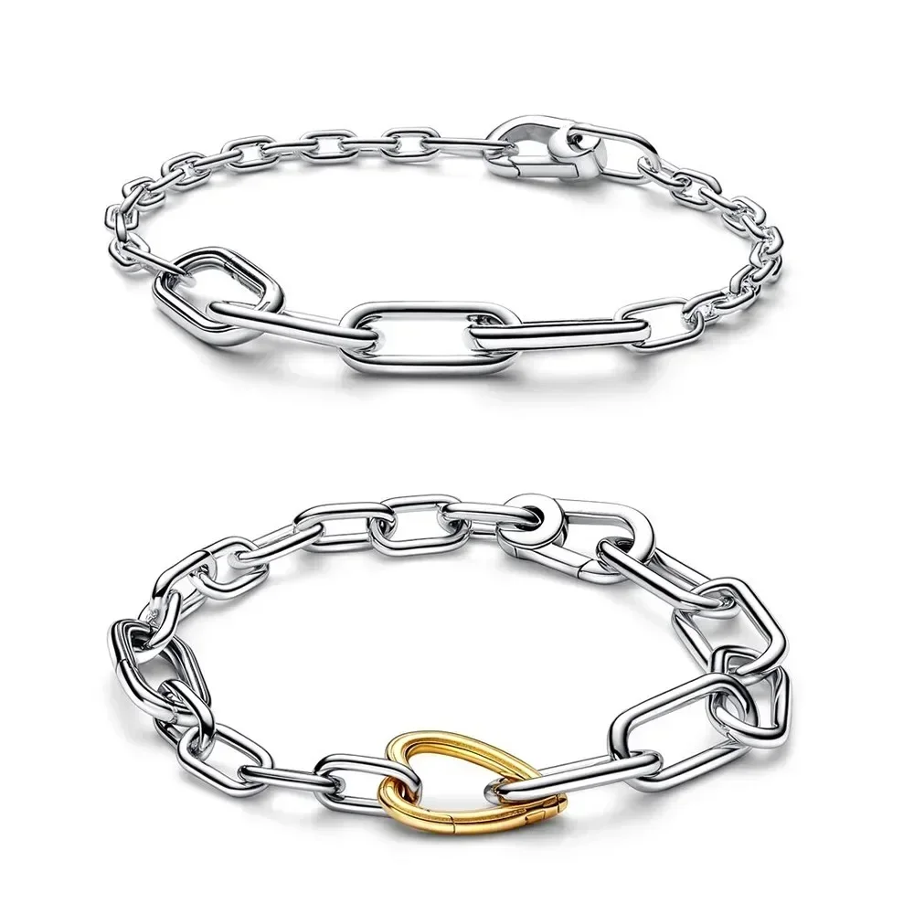 2023 New Original 100% 925 Sterling Silver pretty ME Two-tone Heart Link Chain Bracelet 1:1 Fit Women Gifts