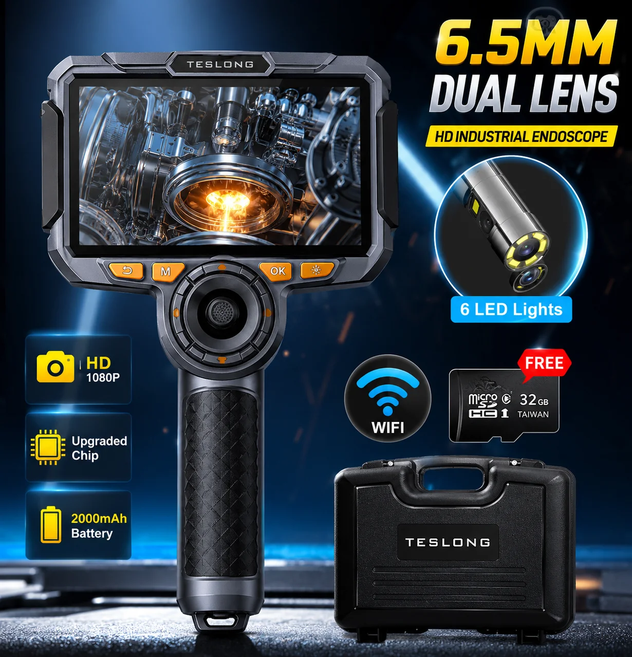 TESLONG TF600 6.5MM Articulating Borescope 1080P 6Inch Two Way 360° Rotation Endoscope Camera For Pipeline blockage inspect