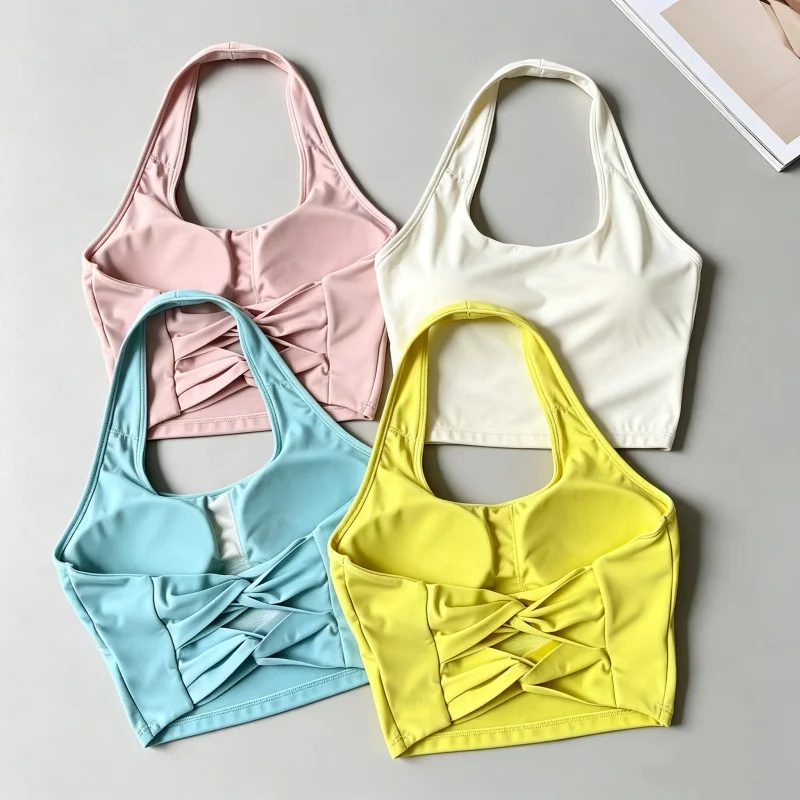 Women Halter‑Neck Cross Twist Back Crop Top With Removable Pads Yoga Bra Gym Training Sports Bra