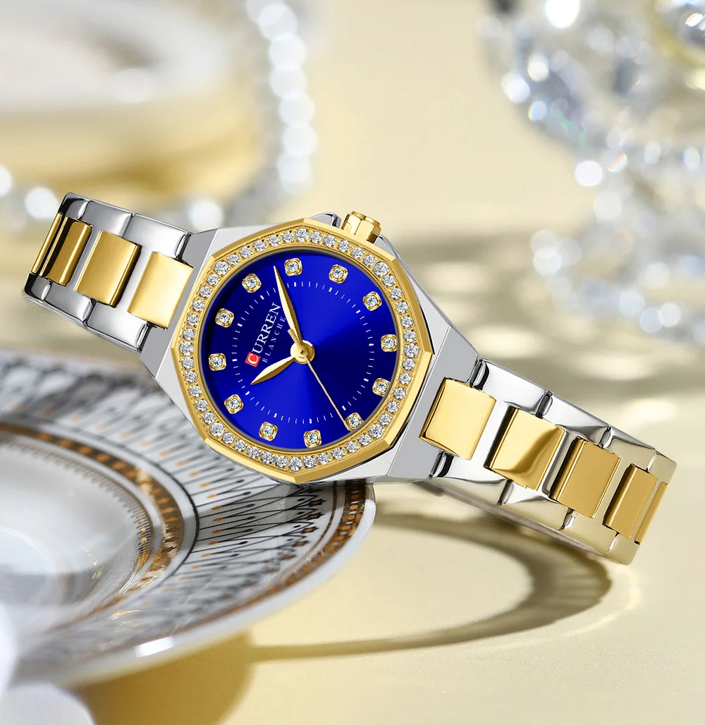 CURREN Modische Damenuhr mit zweifarbigem Edelstahlarmband, Strassbesetzter Lünette, Quarzwerk, Luxuriöses Elegantes Geschenk für Sie – Detail 18