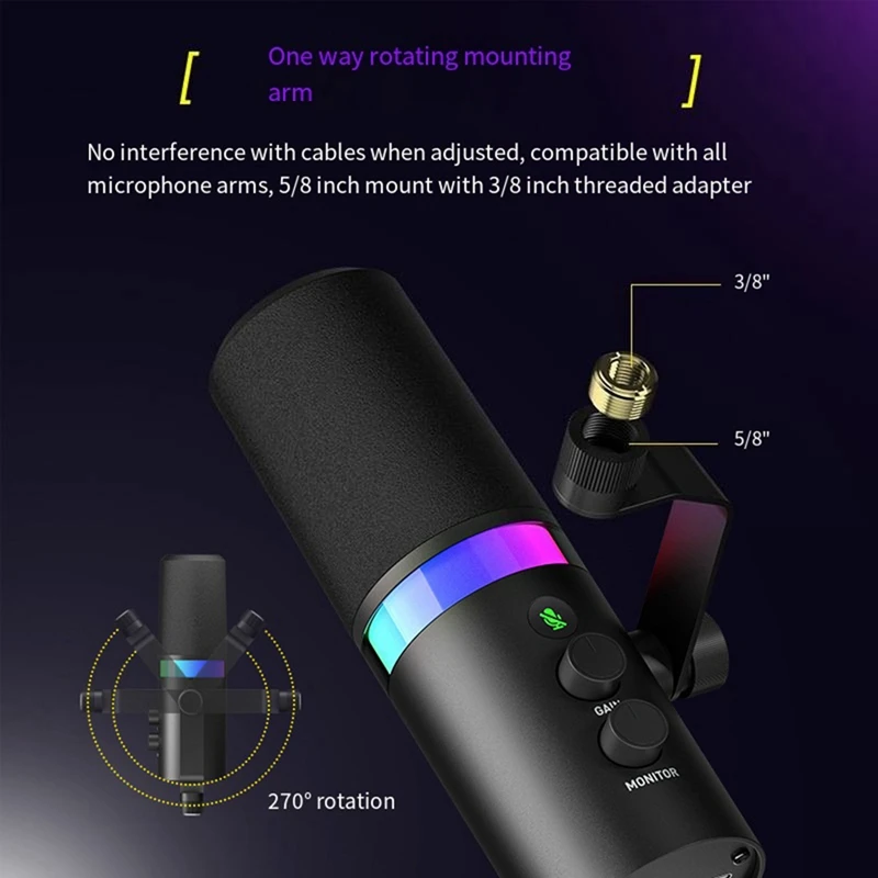 RGB Gaming Microphone Dynamic Microphone USB/XLR Noise Canceling Dual Mode Microphone Podcast Microphone Durable Easy Install