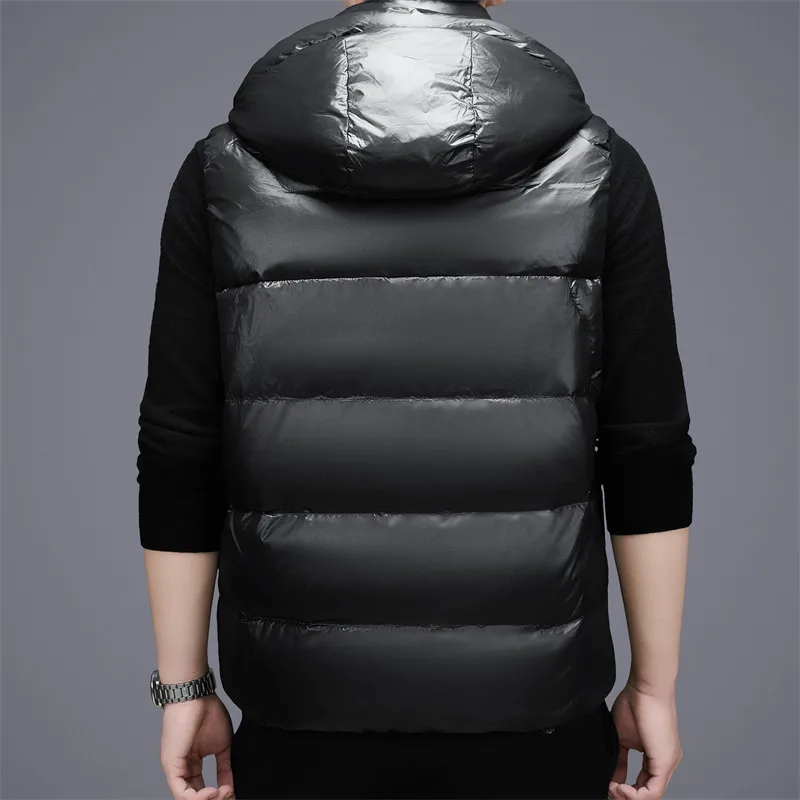 New Autumn Winter Men 90% White Duck Down Vest Hooded Sleeveless Jacket Shiny Black Warm Puffer Waistcoat Casual Outerwear Gilet view 4