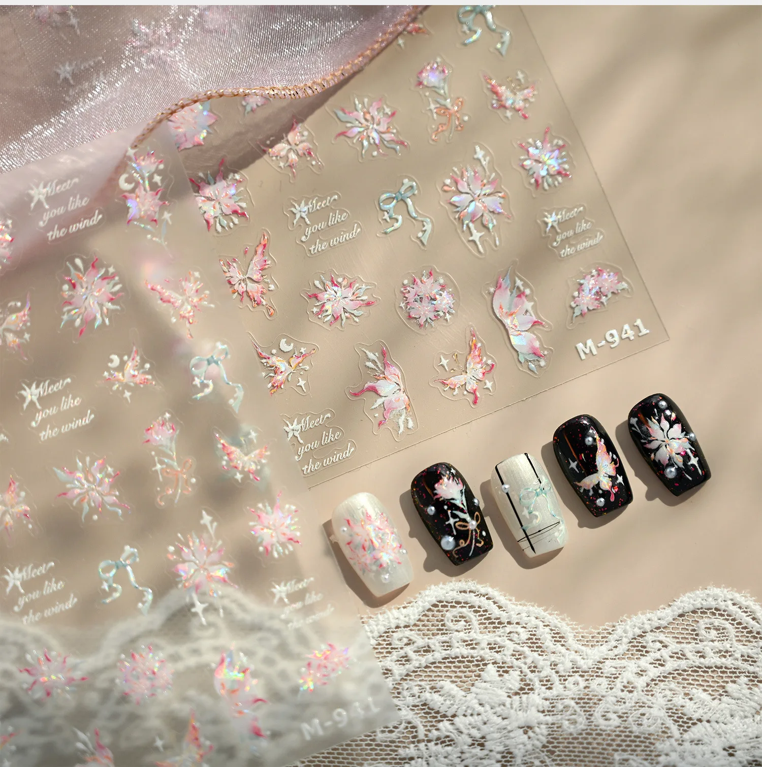 Dressy Chinese Style Pink Flower Butterfly Bowknot Magnolia Flower Wildflower Shimmering Pearl Nail Art Stickers Manicure Decals