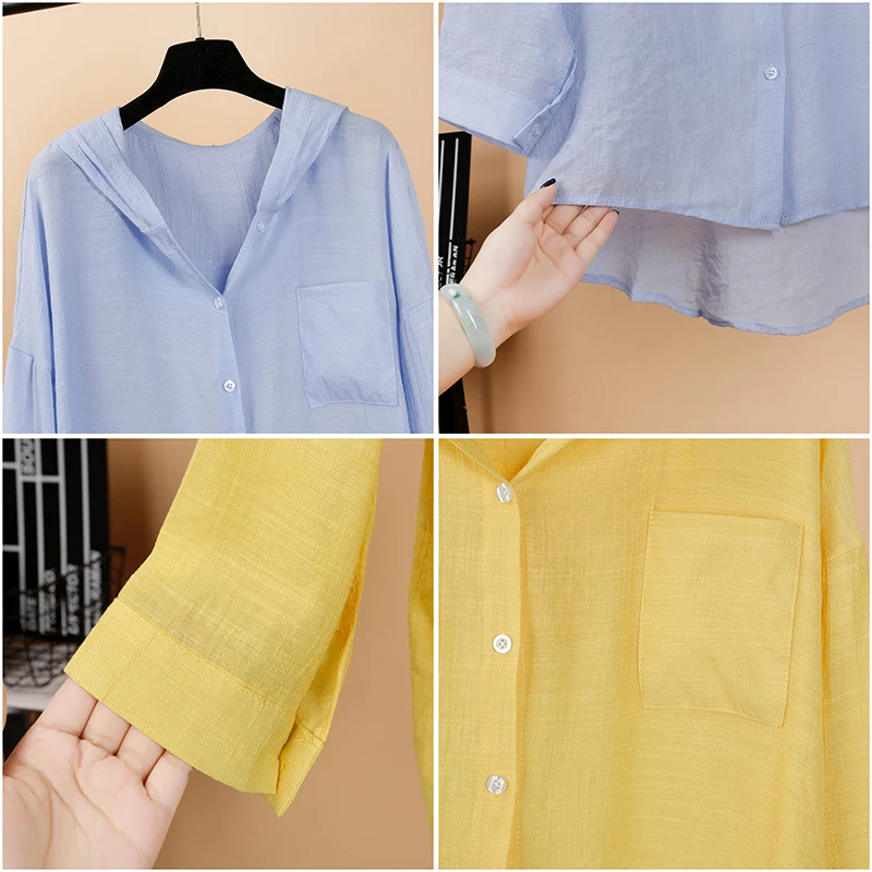 Women\'s Summer Cotton Linen Hoody Long Shirts Cardigan White Beige Yellow Blue Shirts Blouses Casual Loose Sun-Protection Top