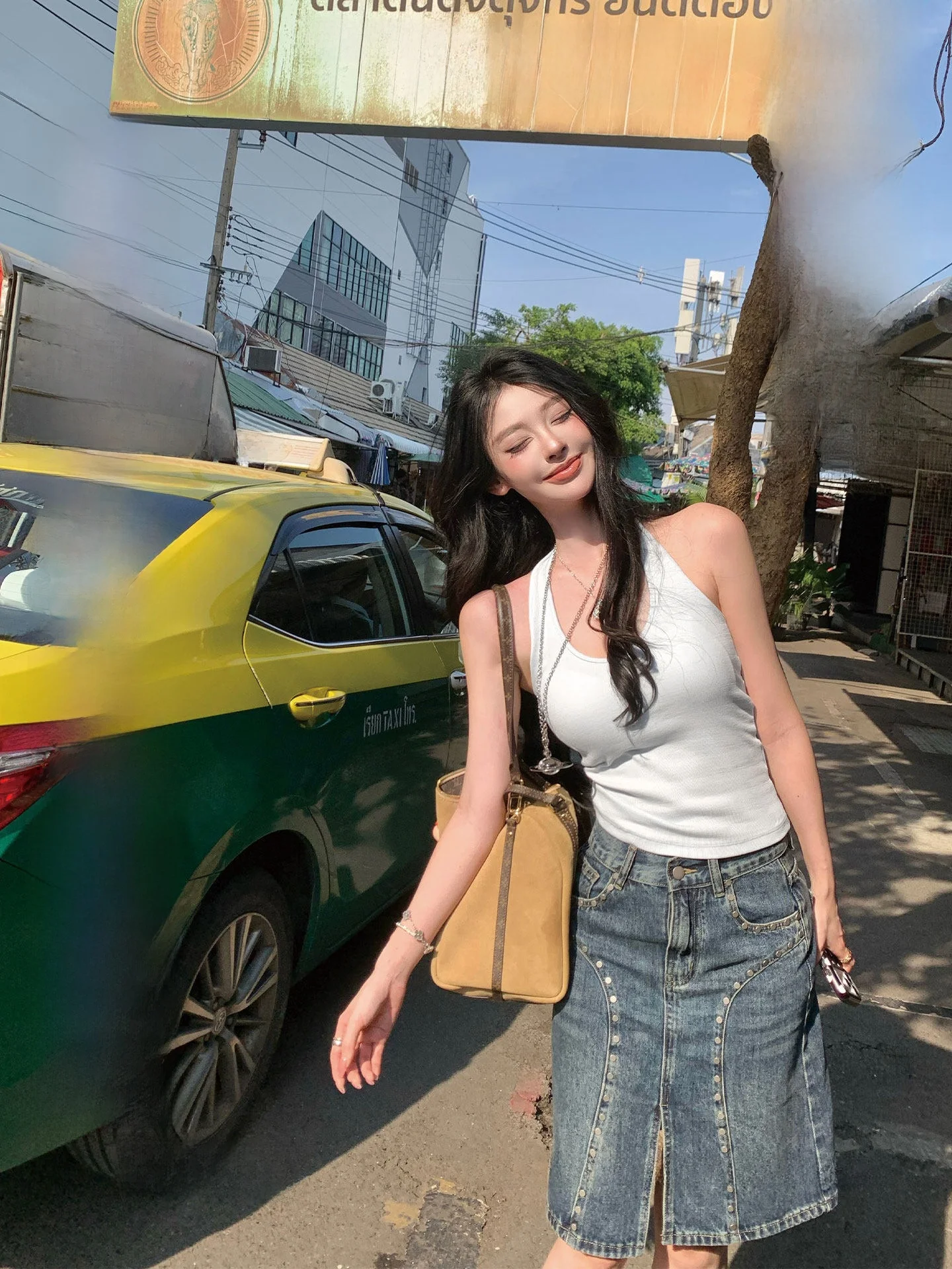 

Ретро-юбка из денима с заклепками и разрезом, повседневная, универсальная, приталенная, с высокой талией, А-силуэт, из смесового хлопка и полиэстера, весна 2026