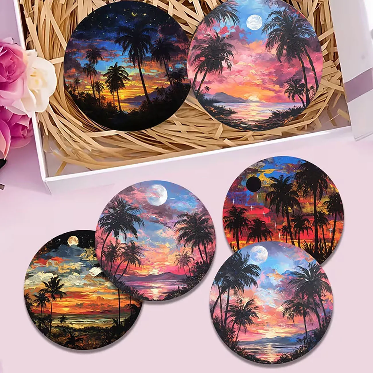 6Pcs Wooden Coasters Tropical Palm Tree Sunset Ocean Round Drink Coasters Table Decor Gift