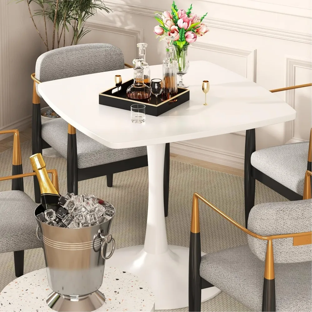Square Dining Table, 31.5" White Tulip Pedestal With MDF Tabletop & Metal Legs, 2 Piece Design for 2-4 People, Small Spaces