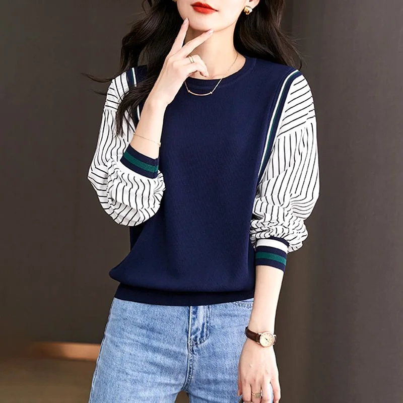 Thin Autumn Winter Striped Creative Patchwork Bottoming Fashion Simplicity Temperament Pullovers Women's Clothing 2022 Casual