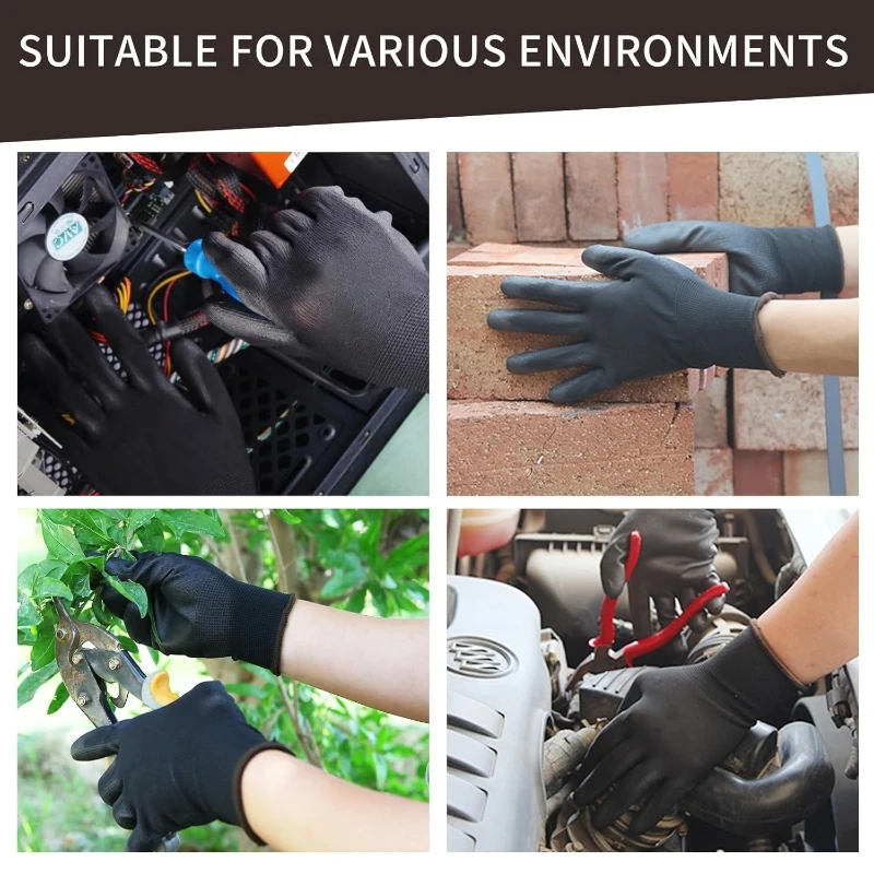 2/6Pairs Work Safety Gloves PU Coated Safety Gloves with Grip Light Duty Seamless Knit Gloves for Industrial Warehouse Assembly
