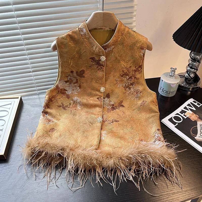 

Luxury Feather Trim Qipao Sleeveless Top Improved Chinese Style Tang Clothes Women Print Yellow Flower Jacket Hanfu Costume