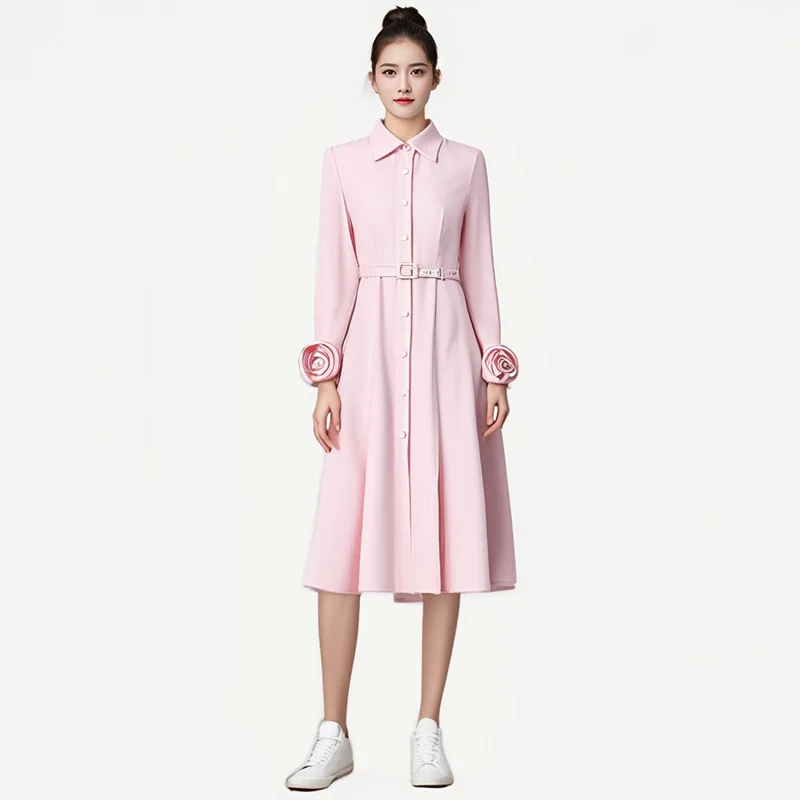 

Women Pink Dress Fashion Long Sleeve A-Line Dresses Flower Appliques Design