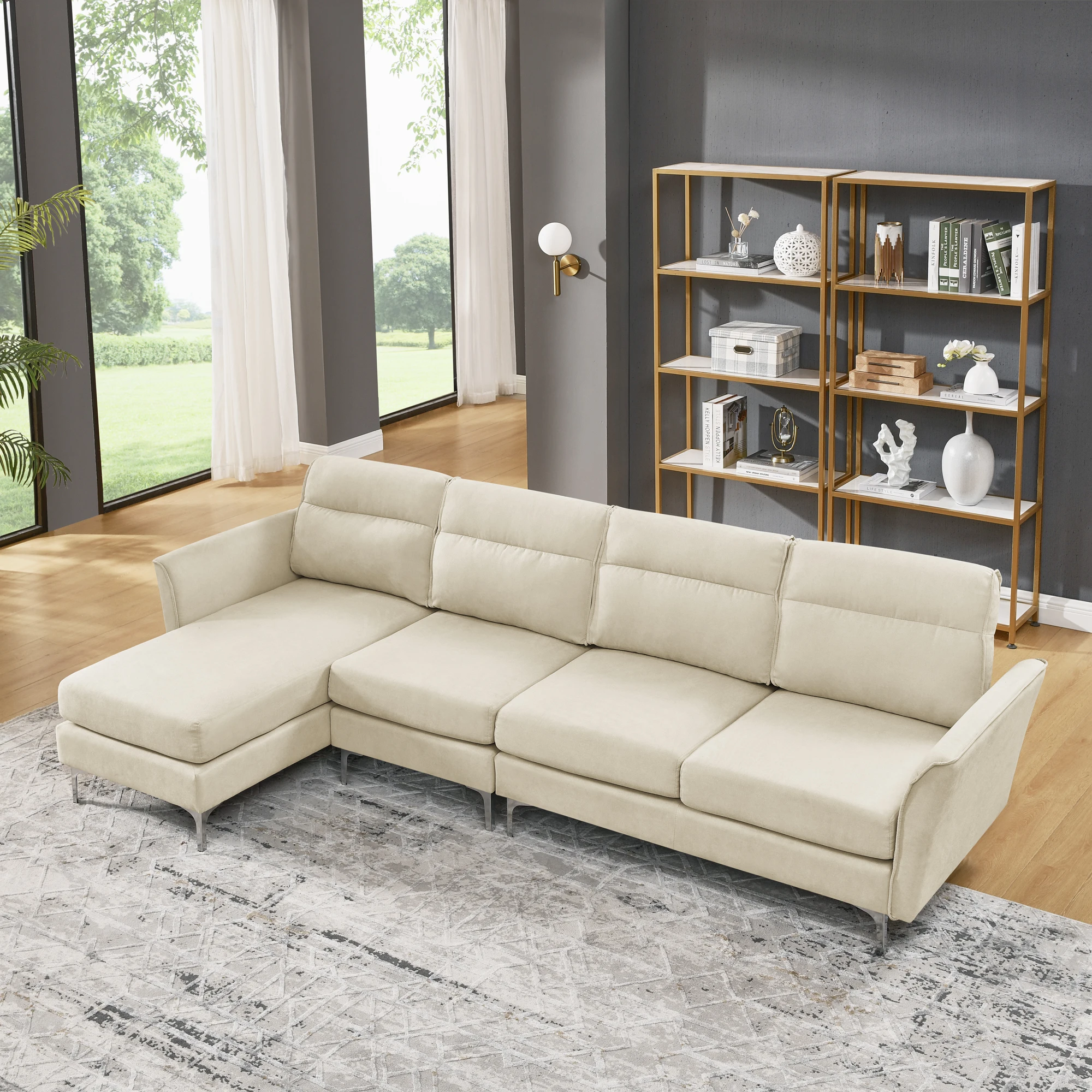 Modern 3-Seat Sofa with Stainless Steel Trim & Metal Legs, Compression Package Technology, Navy Blue, for Living Room