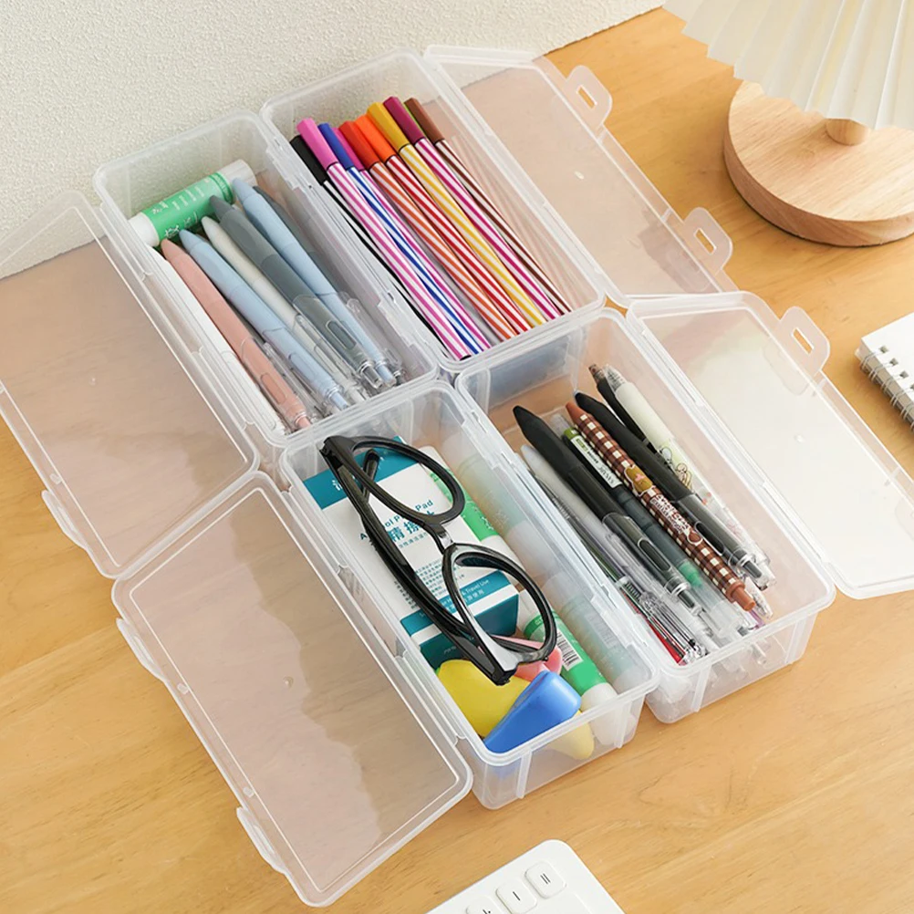 

4pcs Clear Plastic Box Large Capacity Snap Closure Hinged Lid Stationery Organizer Pencil Case Office Storage Bin
