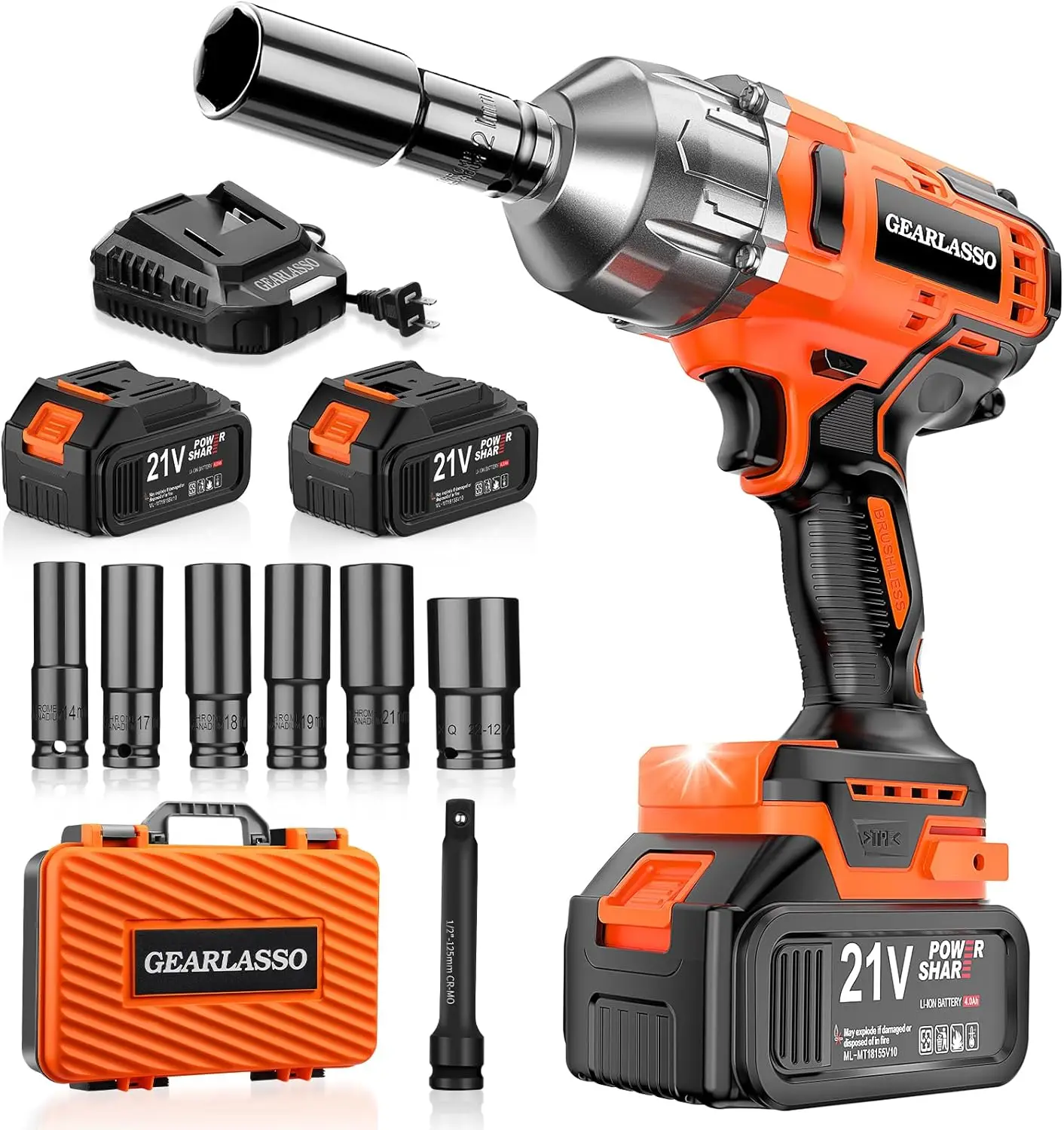 

1300N.m Cordless Impact Wrench 1/2" Brushless High Torque with 2 Batteries, Sockets for Car RV Truck