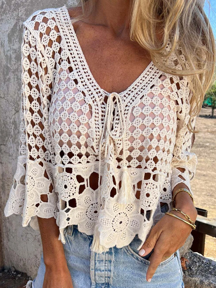 Top Casual de Cor Sólida com Amarração, Primavera Verão, Sexy, Decote em V, Top de Praia Transparente, Estilo Boêmio, Cobertura em Malha