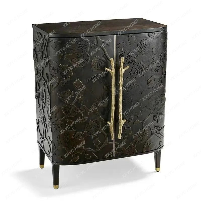 Retro Solid Wood Wine Cabinet Villa Curved Dining Side Storage Neoclassical Decorative Entrance Shoe Cabinet