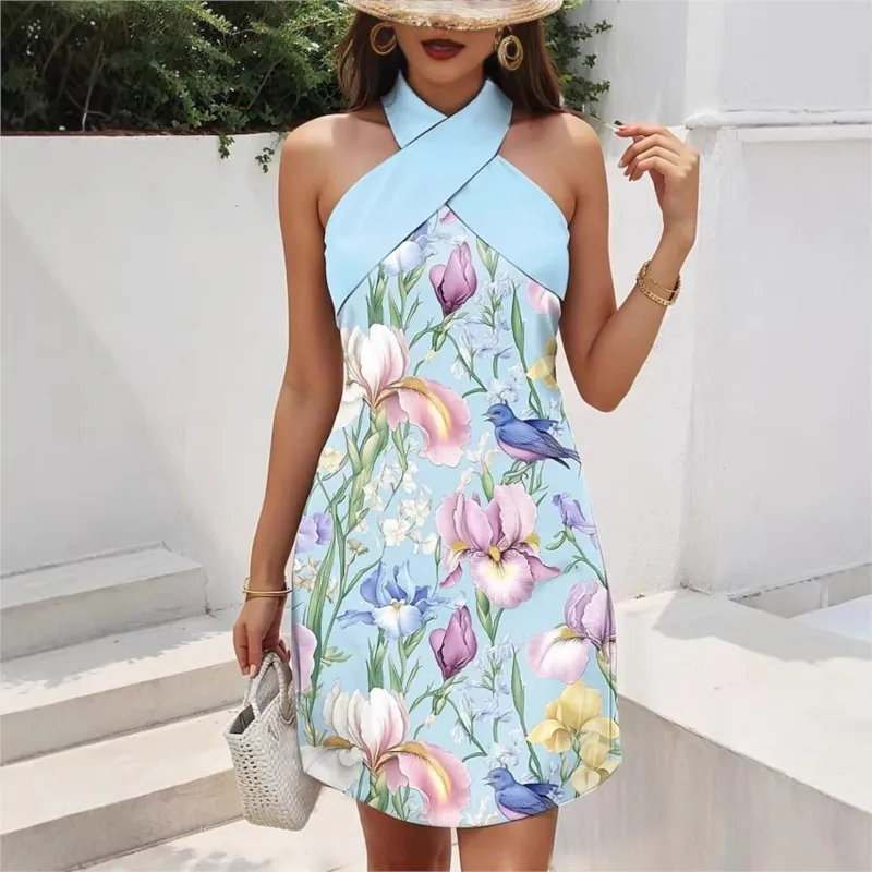 Sexy Rückenfreies Kleid mit Kreuzhalter-Ausschnitt Ärmelloses Minikleid Elegantes Damen-Modekleid mit Print Sommerliches Casual Büro-Damenkleid