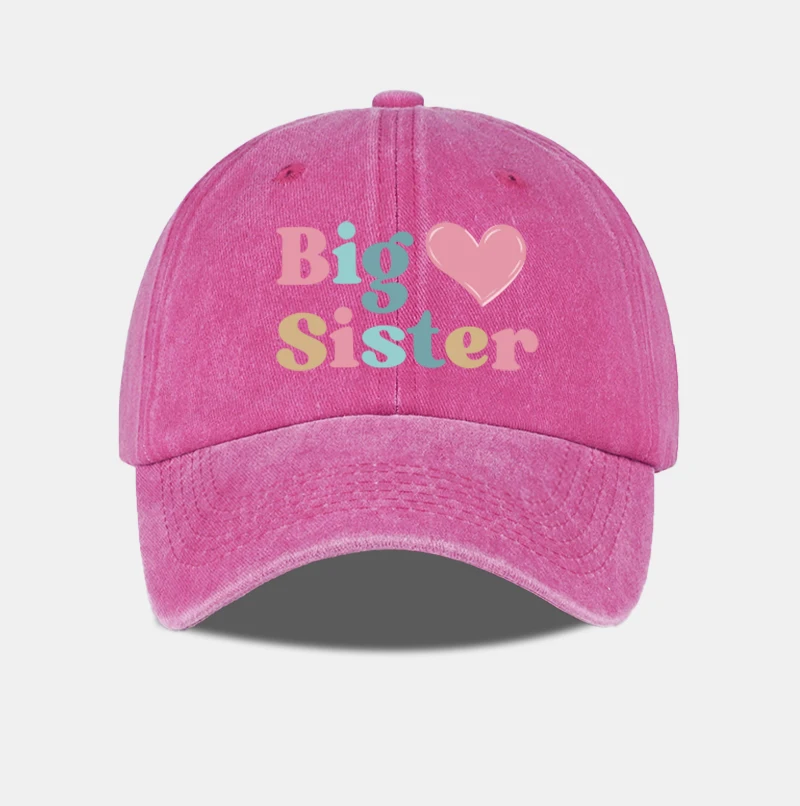 Big Sister Heart Print Vintage Washed Baseball Cap – Adjustable Size, Everyday Casual and Versatile Dad Cap
