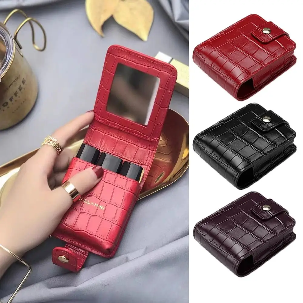 

Durable PU Leather Lipstick Bag Snap Button Mini Lipstick Protective Cover With Mirror Makeup Bag