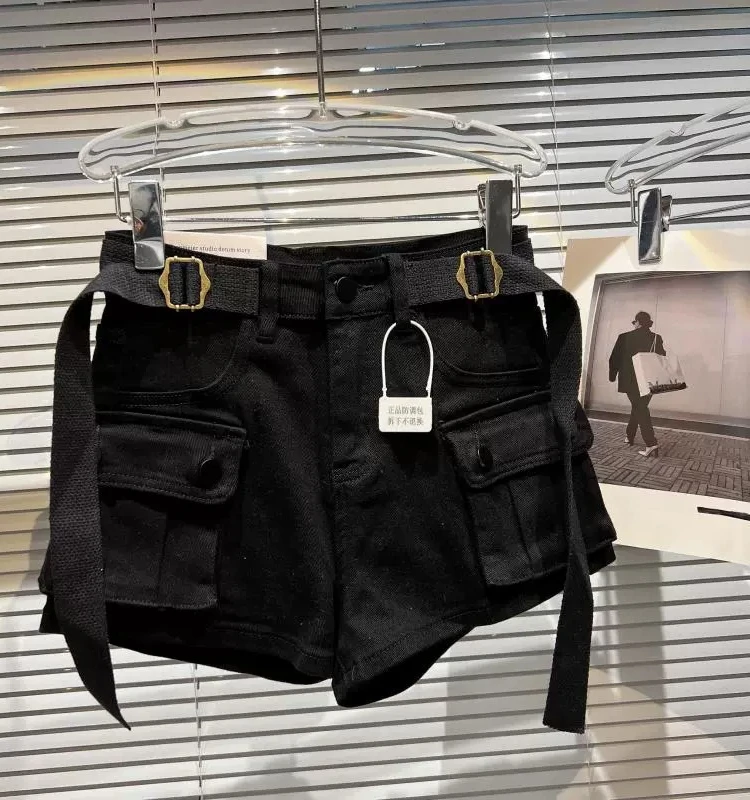 Spring 2026 Motorcycle Girl Trendy Short Jeans High Waist Buckle Pocket Design Workwear  Shorts Women's Pure Color Denim