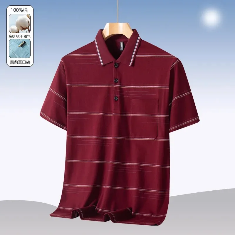 Men's Cotton Striped Polo Shirt Short Sleeve Casual Summer Dad T-Shirt with Pocket
