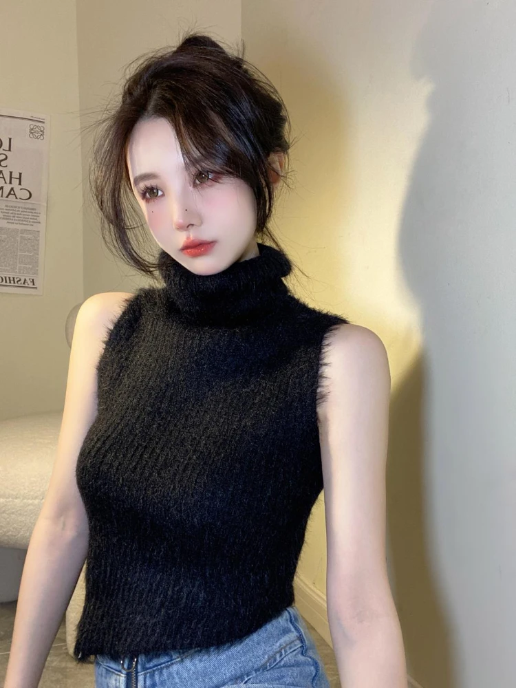 Fluffy Turtleneck Tanks Women Autumn Winter Sexy Knitted Crop Tops Fashion Hot Girls Holiday Streetwear Basic Sleeveless Clothes