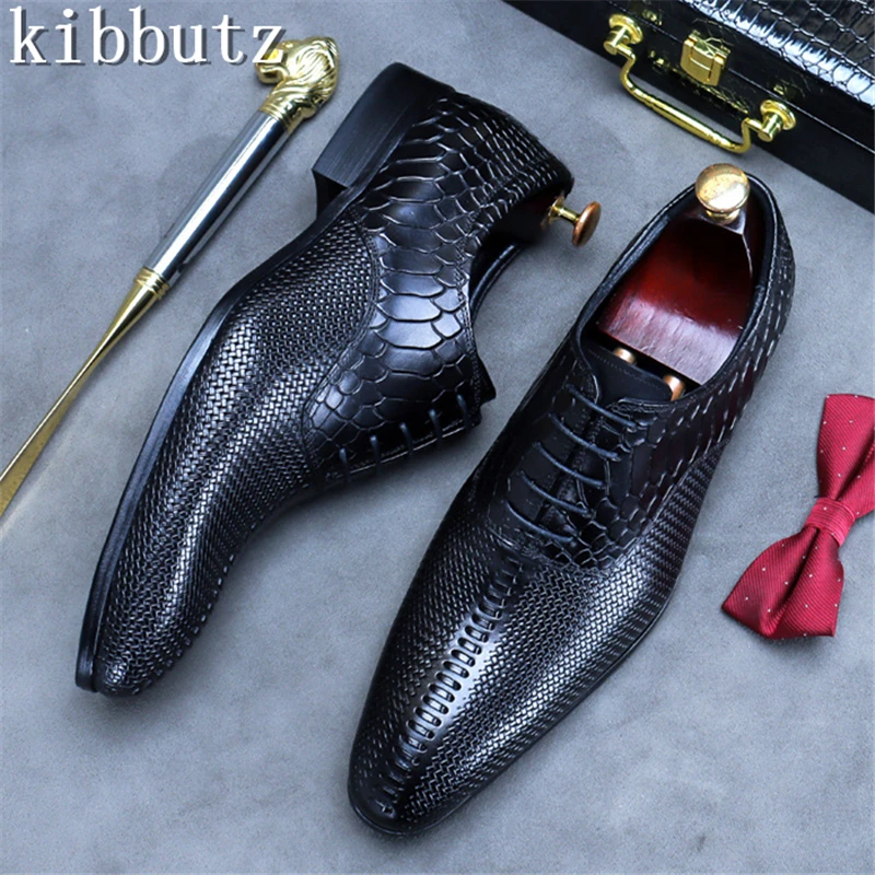 British Style Men Cowhide Business Shoes Retro Snake Pattern Lace Up Luxury Genuine Leather Formal Wear Wedding Shoes