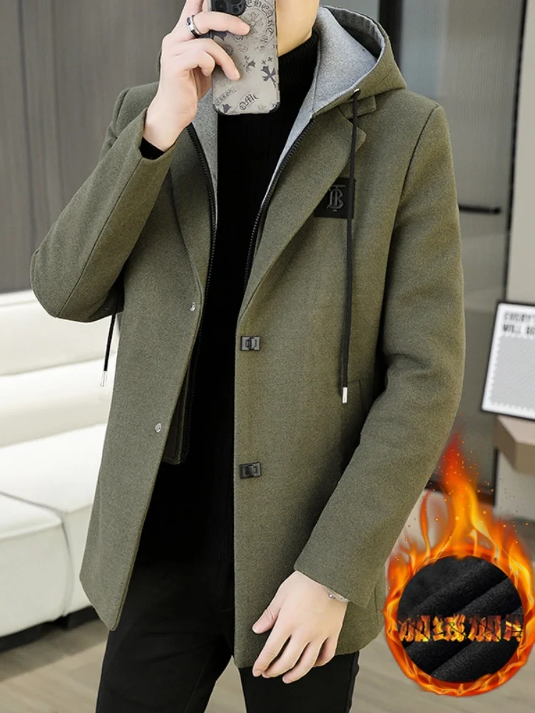 

Мужское зимнее шерстяное пальто с отложным воротником, средней длины, модное, в корейском стиле, ветрозащитное, новинка 2025 года, из полиэфирного волокна