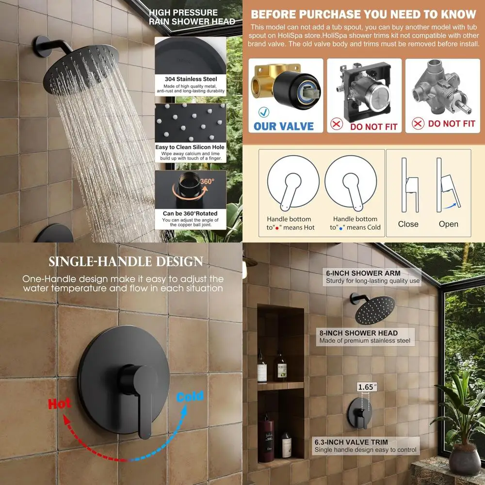 

Matte Black Shower Faucet Set with 8 Rainfall Head and Single Handle Trim Kit