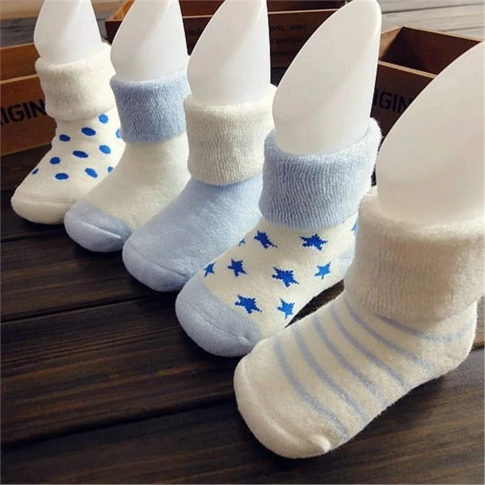 

5 Pairs New Cotton Baby Short Socks Non-Skid Design Pink Blue Floor Stocking Polka Dot Stars Breathable Winter Socks Infant Wear