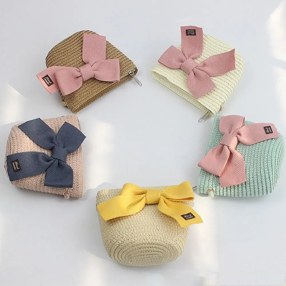 Children Straw Hat and Shoulder Bag Girls Summer Outdoor Beach Cap Cute Bow Travel Beach Sun Hat Crossbody Bag