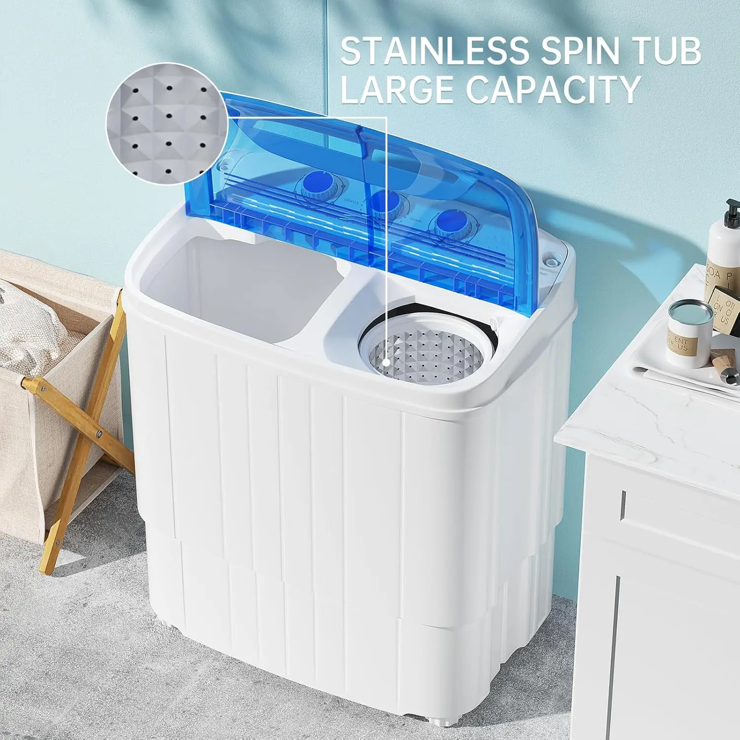 Portable Washing Machine, 2 In 1 Small Washing Machine and Spin Dryer Combo, 14.5lbs Compact Mini Twin Tub Washing Mach