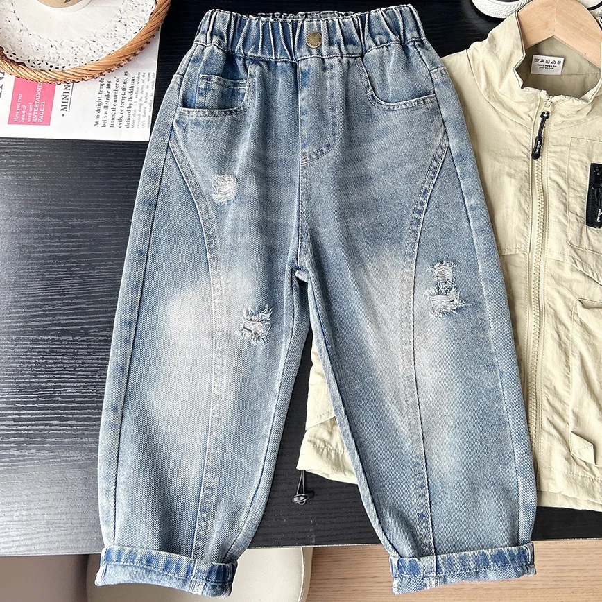 

Baby Boys Pants Autumn Simple Fashion Elastic Waist Kids Baby Boys Ripped Jeans Button Solid Color Denim Pants For 3-10Y Boys