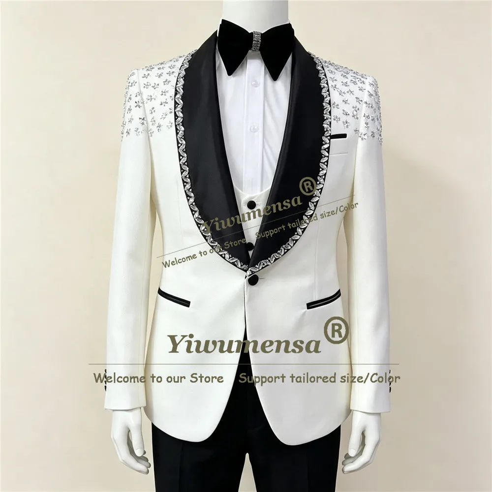 Male Chic Wedding Suits Diamond Beaded Jacket Vest Pants 3 Piece Sets Black Shawl Lapel Prom Blazer Customized Groom Tuxedos