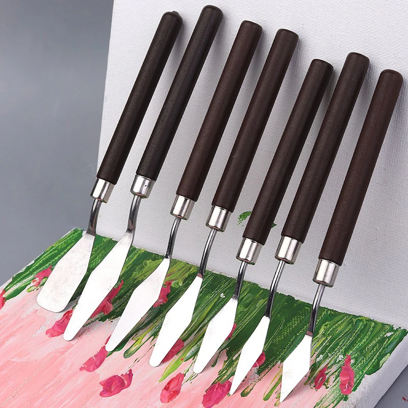 1-7PCS Art Spatula Soft Paint Oil Painting Knife Wooden Handle Palette Knife Set Gouache Painting Spatula Cake Baking Supplies