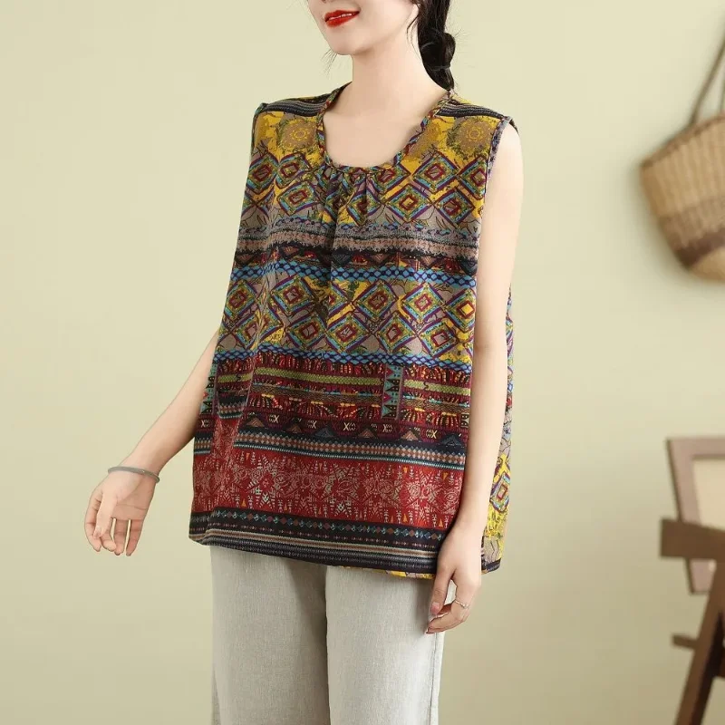 Mouwloze tanktop voor dames, etnisch patroon, losse, casual blouse met ronde hals