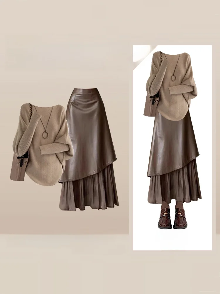 

Вязаный свитер и асимметричная юбка: комплект из двух предметов в стиле Maturi, легкий, повседневный, свободного кроя, для женщин