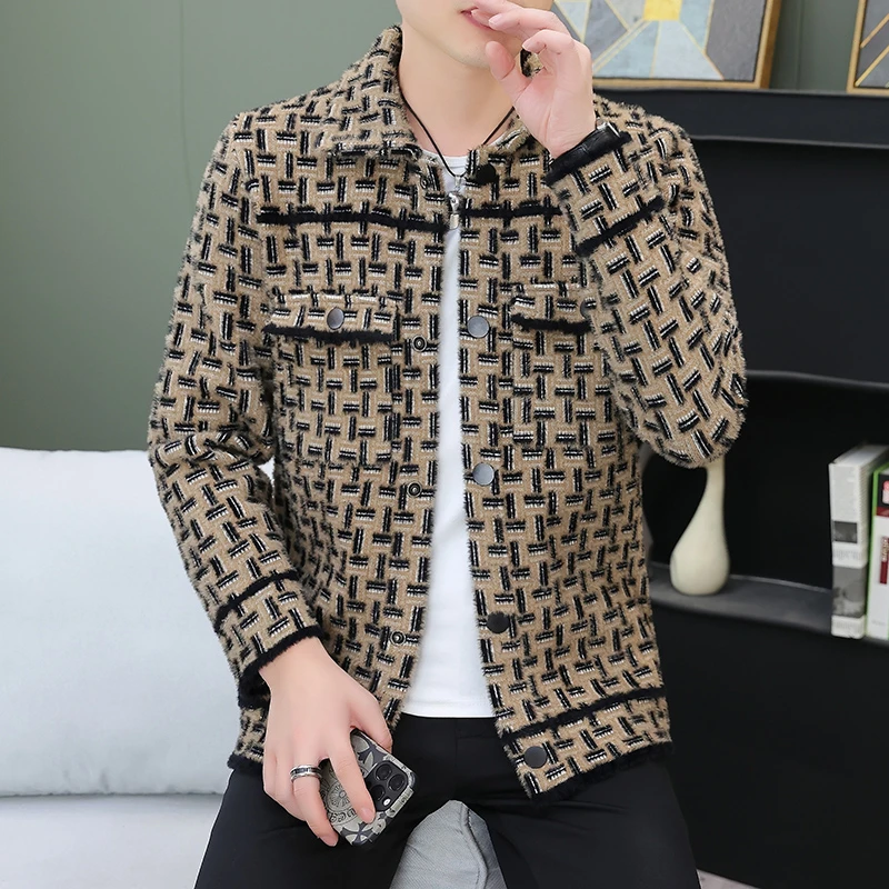

Autumn Knitted Cardigan Jacket Men Fashion Slim Fit Checkered Buttonless Knitted Jacket Casual Cardigans Sweater Coat