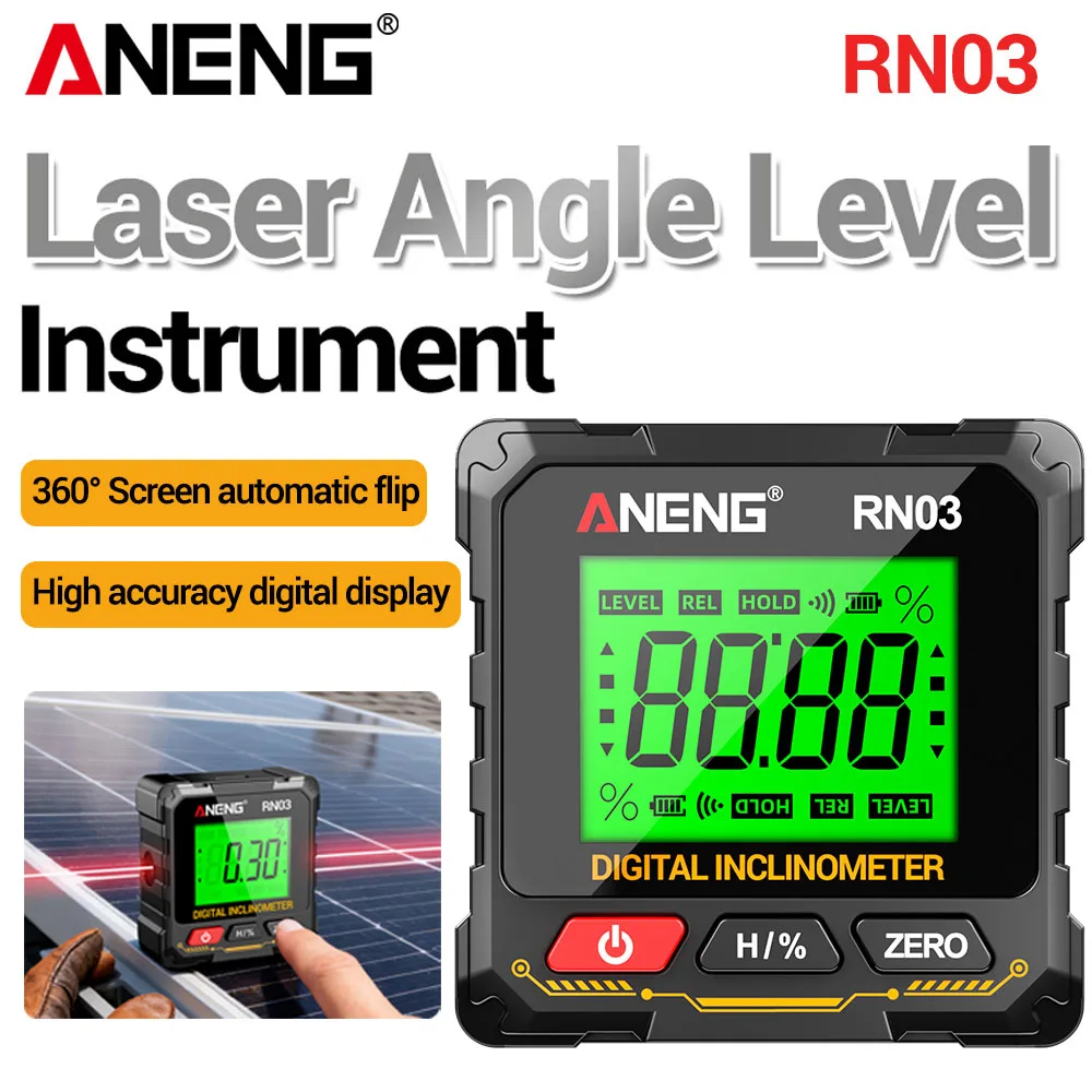 Nível Digital a Laser com Transferidor de Ângulos ANENG RN03 Magnético de Quatro Lados 360° ° Detector de Inclinação Automático com Tela Rebatível