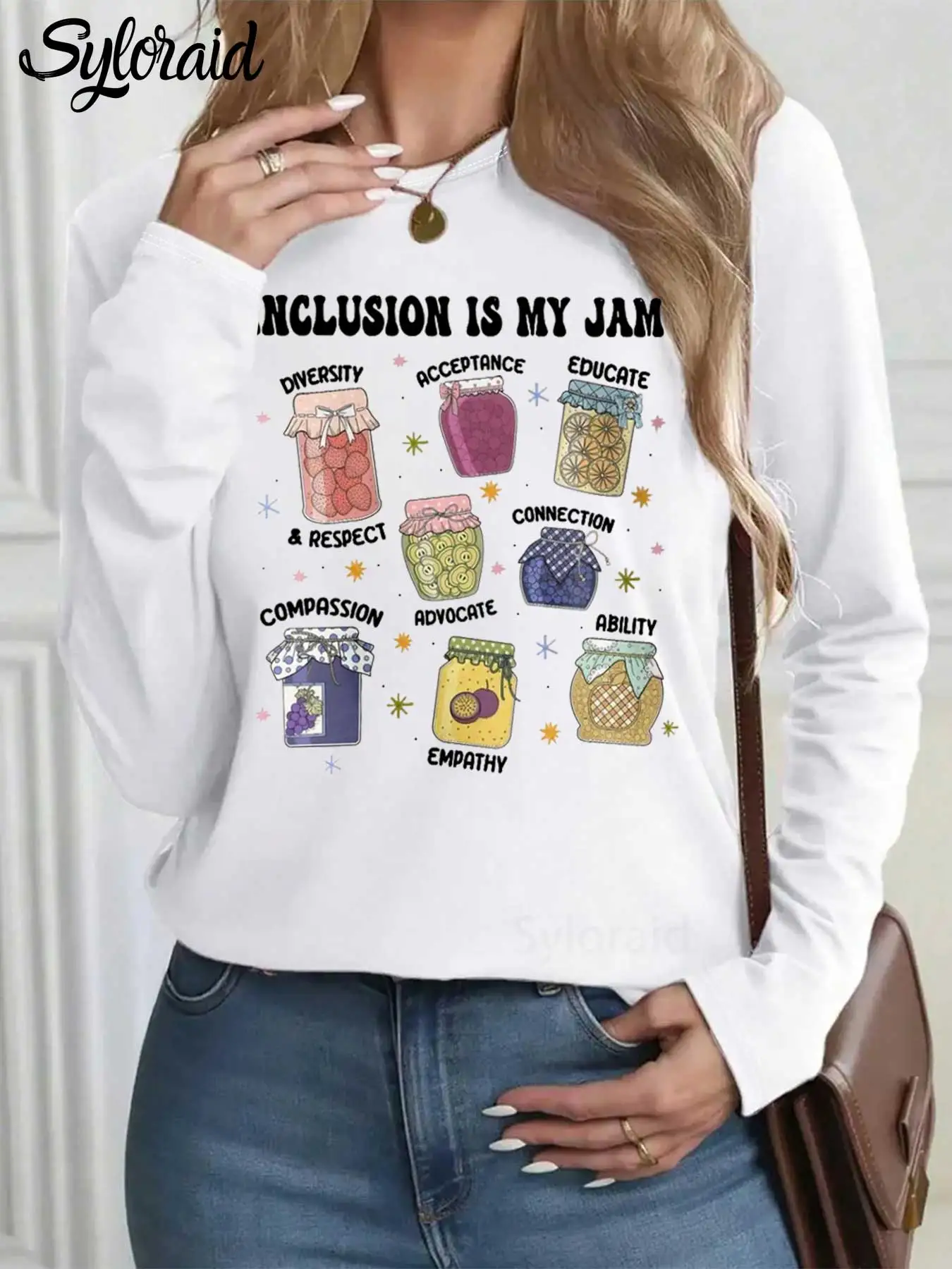 Dames T-shirt met lange mouwen Inclusion Is My Jam T-shirt Autisme Bewustzijn Instant Shirt Mode Ronde hals Casual Top