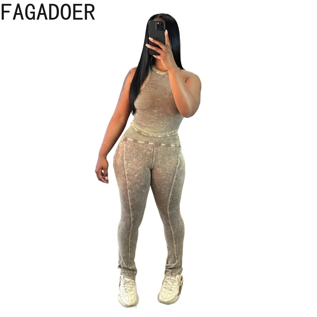 FAGADOER Rib Khaki 2 Piece Sets Women Outfit Casual Round Neck Solid Sleeveless Tank Top And Leggings Pants Street Sportswear