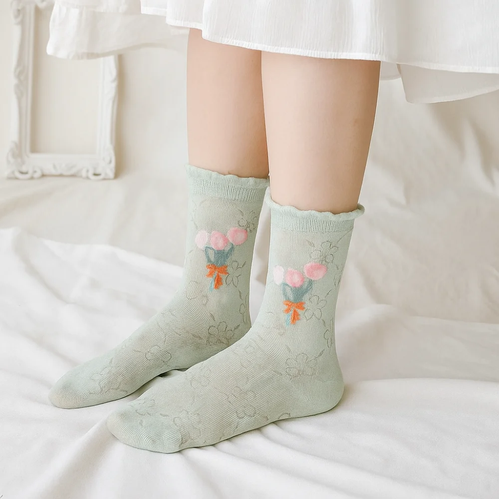 

6 пар сетчатых полых прозрачных носков с цветочным принтом, женские чулочно-носочные изделия с рюшами, носки средней длины, дышащие ультратонкие милые носки для женщин и девочек
