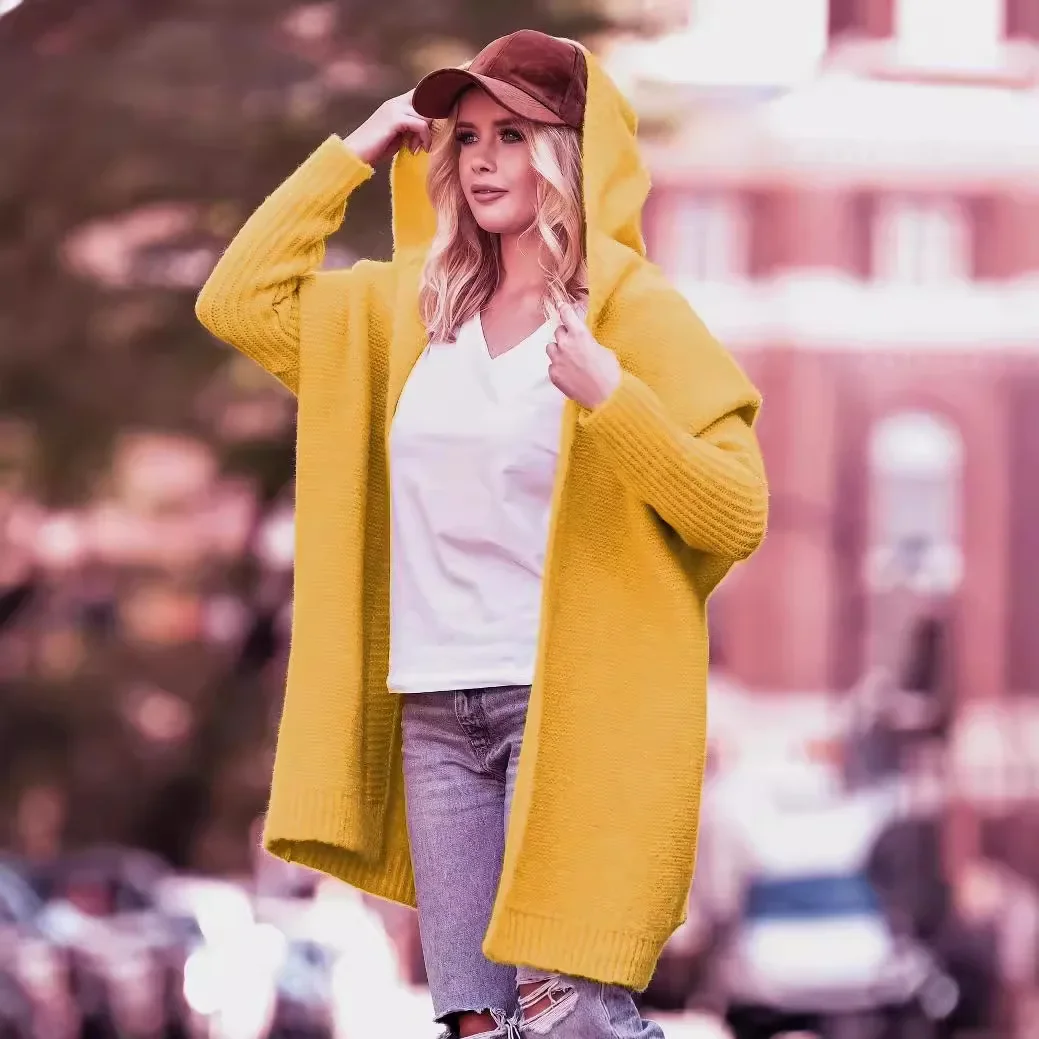 

Europe and America Fashion Solid Color Knitted Hooded Cardigan, Women's Autumn and Winter Bat-type Loose Patchwork Sweater Coat